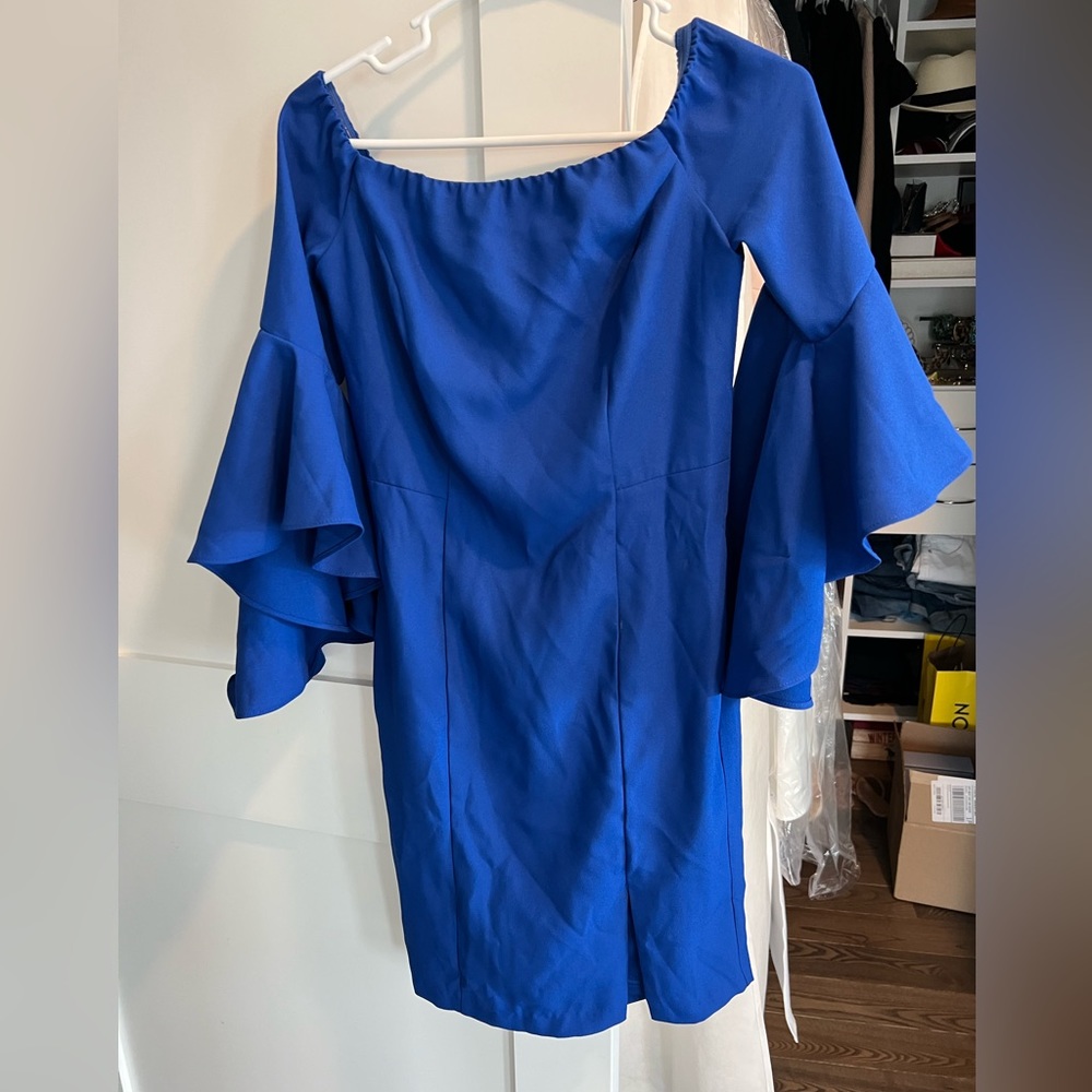 Royal blue, off the shoulder dress.